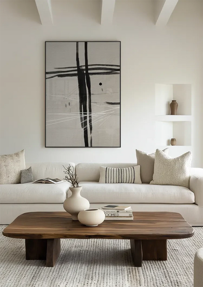 Black Cross Brushstrokes Beige Abstract Expressive Minimalist Art Painting