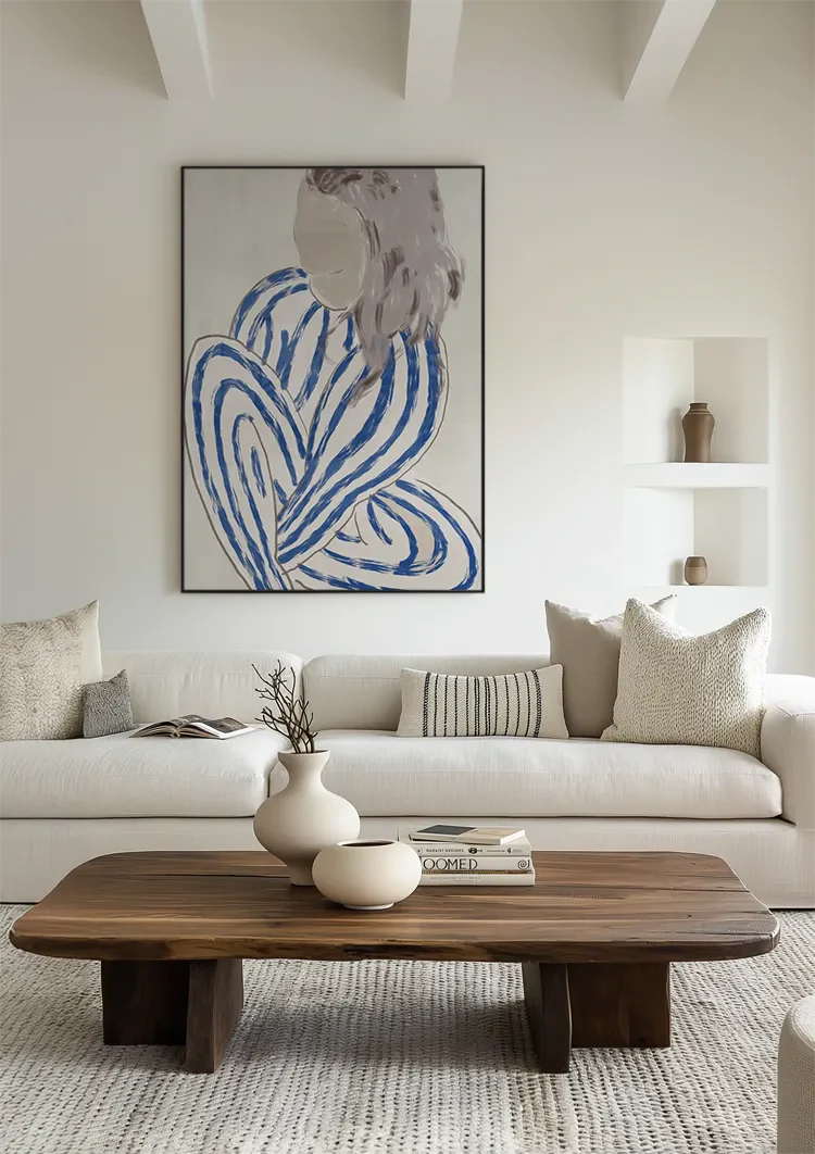 Frau Blaue Gestreifte Linien Abstrakt Figur Modern Expressionistisches Gemälde