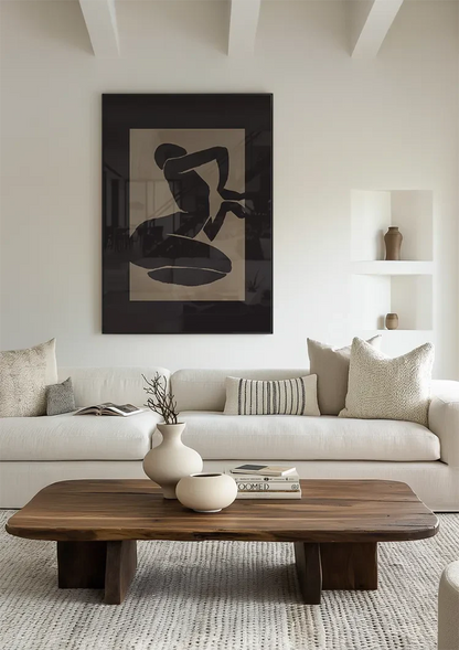 Black Silhouette Female Figure Kneeling Matisse Style Beige Painting