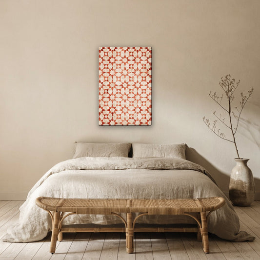 Achtpuntige ster mozaiek canvas schilderij aan de muur boven het bed in de slaapkamer