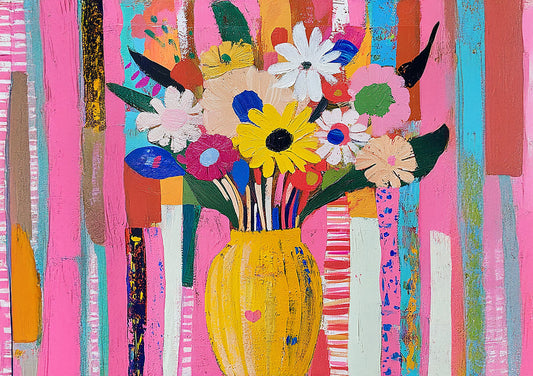 Kleurrijke bloemen canvas schilderij in geel, oranje en turquoise, folk art stijl