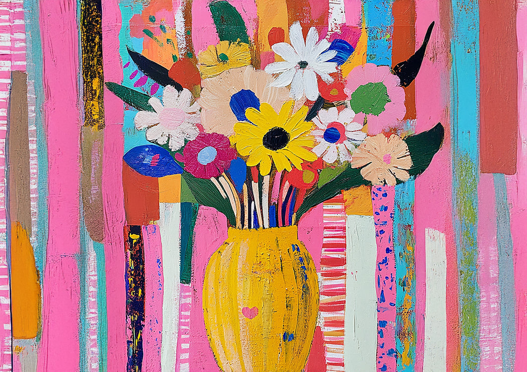 Bunte Blumen Gelbe Vase Gestreifter Hintergrund Volkskunst Gemälde
