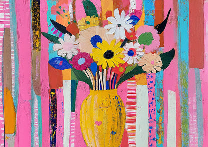 Bunte Blumen Gelbe Vase Gestreifter Hintergrund Volkskunst Gemälde
