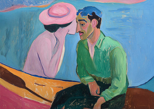 Woman Pink Hat Man Green Expressive Figurative Painting