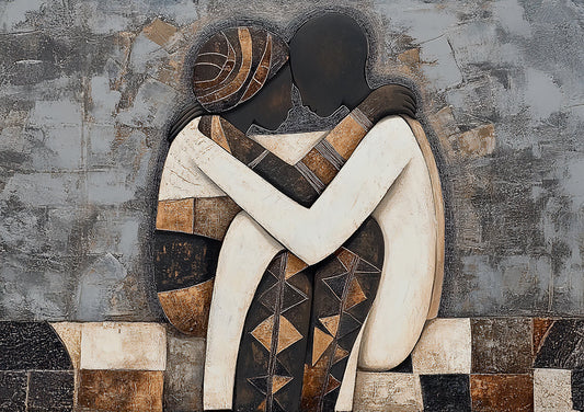 Twee figuren canvas schilderij in terracotta en bruin, geometrische folk art stijl