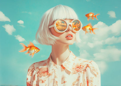 Woman with Sunglasses and Goldfish Surreal Dreamy Portrait Painting