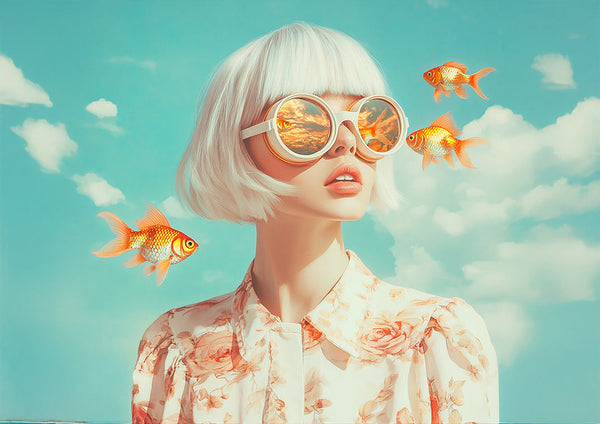 Woman with Sunglasses and Goldfish Surreal Dreamy Portrait Painting
