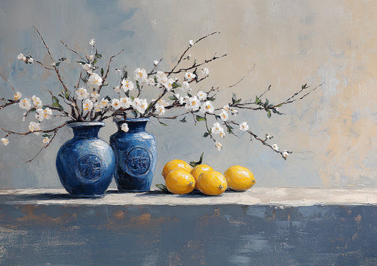 Blaue Vasen mit weißen Blüten und gelben Zitronen Stillleben Gemälde