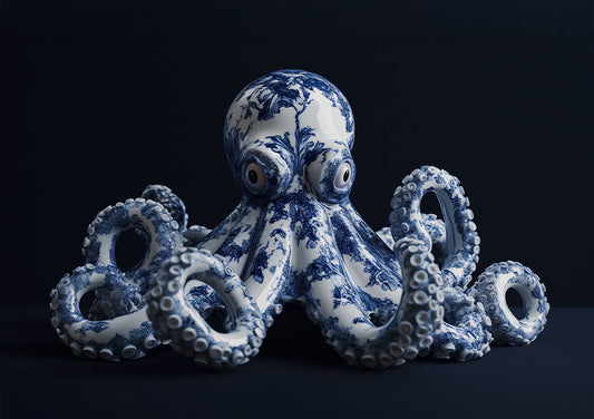 Delfts blauwe octopus canvas schilderij op een zwarte achtergrond
