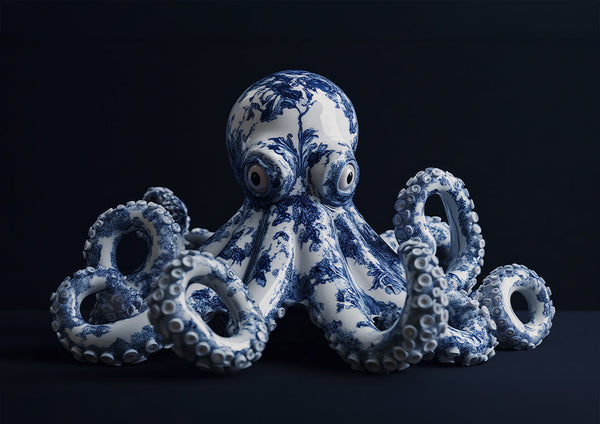 Delft-Blauer Oktopus auf schwarzem Hintergrund Gemälde