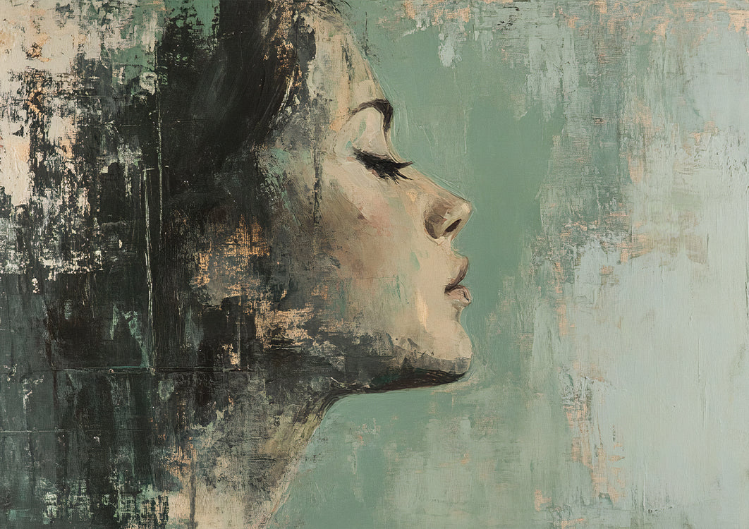 Female Profile Green Hues Abstract Dreamy Portrait Painting