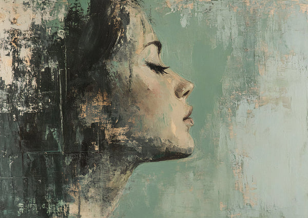 Female Profile Green Hues Abstract Dreamy Portrait Painting