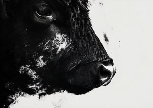 Zwarte Koe Portret Close Up Wit Contrast Abstract Schilderij