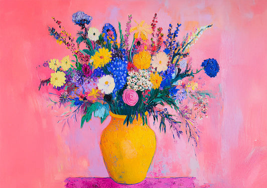 Kleurrijk Bloemenboeket in Vaas Roze Achtergrond Vrolijk Schilderij