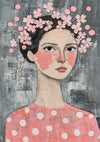 Woman Pink Floral Wreath Dark Hair Naive Portrait Painting