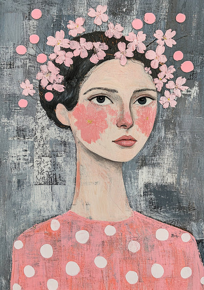 Woman Pink Floral Wreath Dark Hair Naive Portrait Painting