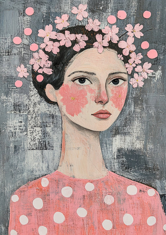 Woman Pink Floral Wreath Dark Hair Naive Portrait Painting