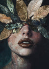 Woman with Golden Leaves Mysterious Botanical Portrait Painting