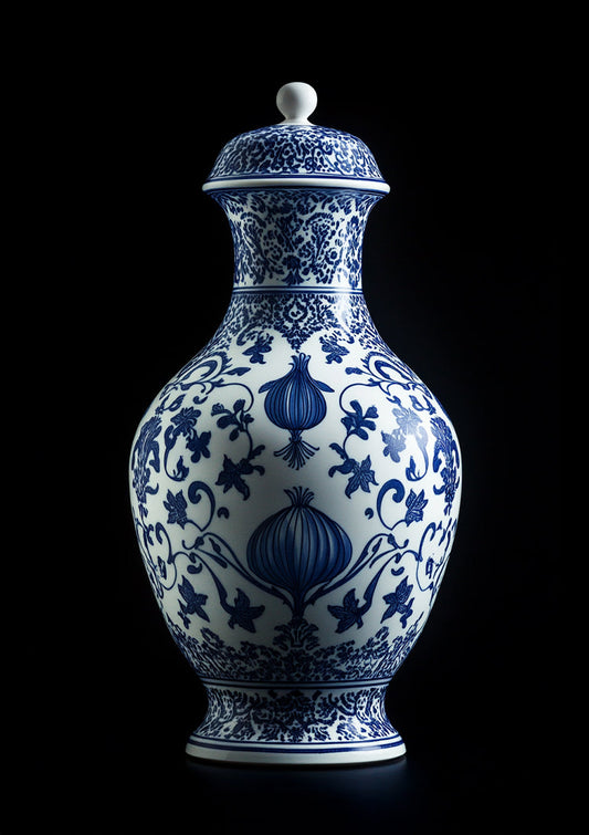 Delfts blauwe vaas canvas schilderij met bloemmotieven op een zwarte achtergrond