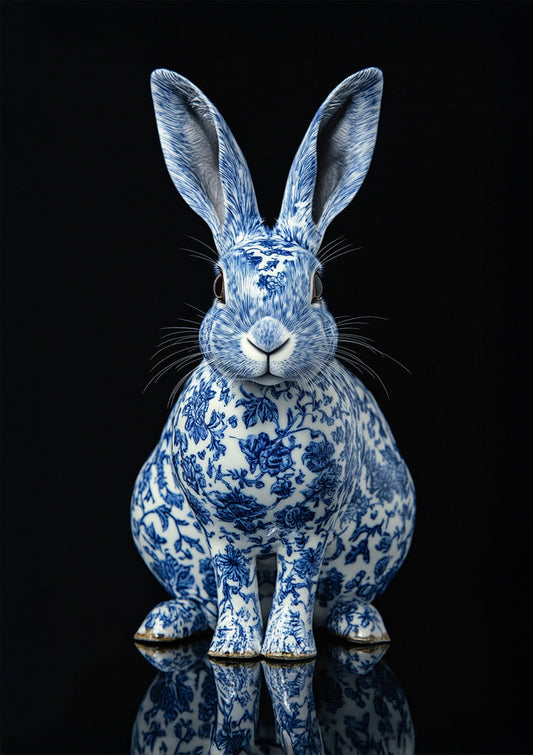 Konijn in Delfts Blauw canvas schilderij blauw en wit op een zwarte achtergrond
