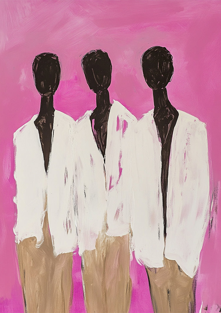 Three Abstract Silhouettes Vibrant Pink Background Modern Painting