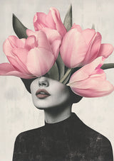 Kobieta różowy tulipan głowa surrealistyczny portret obraz na płótnie
