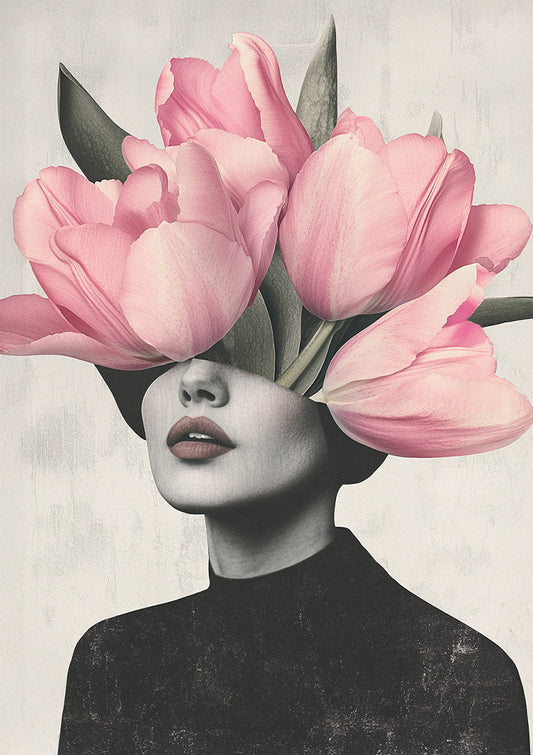 Woman Pink Tulip Head Surreal Portrait Painting