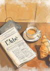 Ochtend Koffie Croissant Krant Terracotta Aquarel Gezellig Schilderij