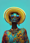 Stylish Woman Gold Hat Sunglasses Turquoise Background Colorful Painting