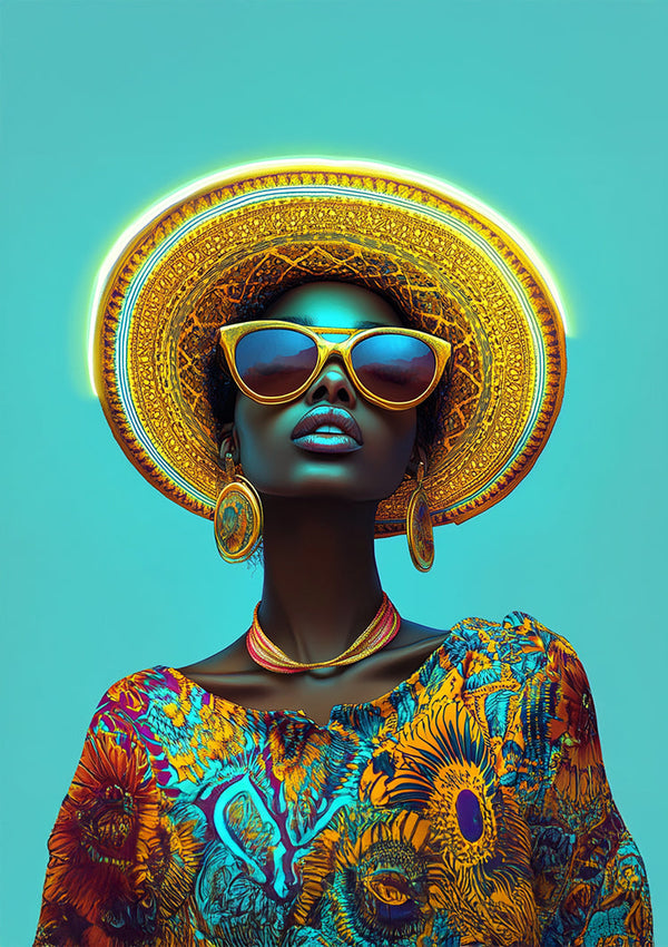 Stylish Woman Gold Hat Sunglasses Turquoise Background Colorful Painting