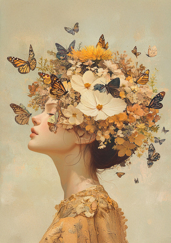 Woman Surrounded by Butterflies Warm Golden Fantasy Portrait Painting