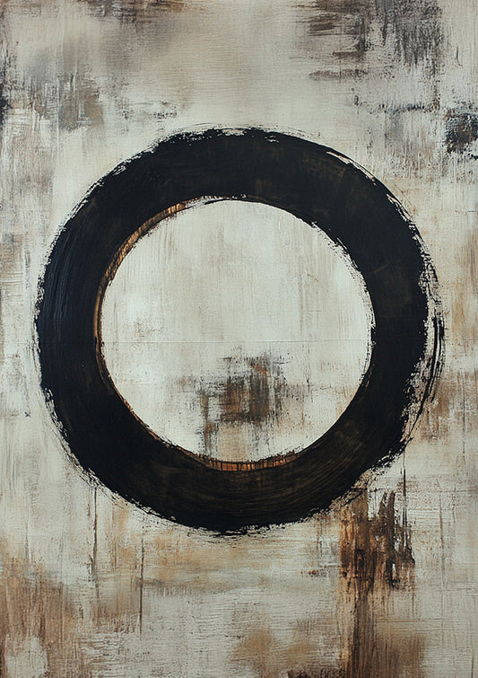 Zwarte cirkel canvas schilderij in beige en taupe, minimalistische zen stijl