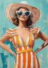 Stylish Woman Summer Dress Orange Stripes Sunglasses Straw Hat Summer Painting