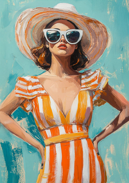 Stylish Woman Summer Dress Orange Stripes Sunglasses Straw Hat Summer Painting