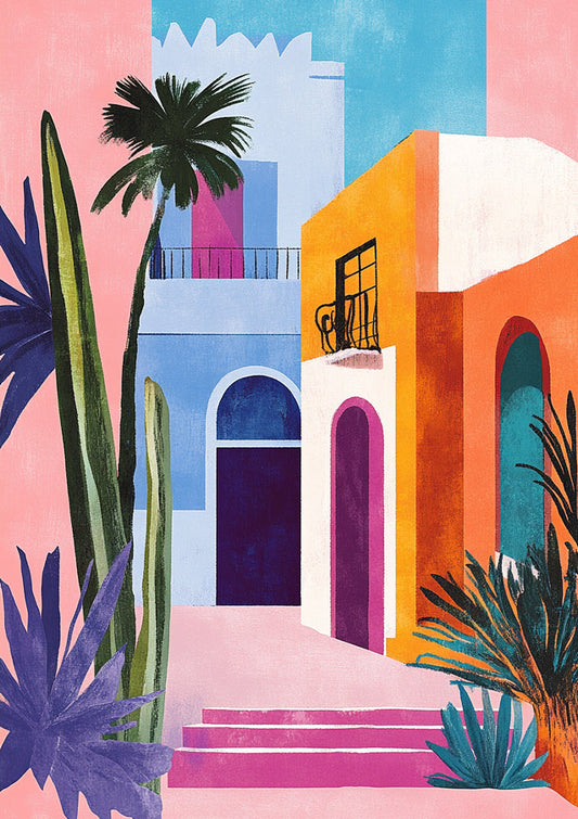 Mediterraans straatje canvas schilderij met pastelkleurige gebouwen en palmbomen