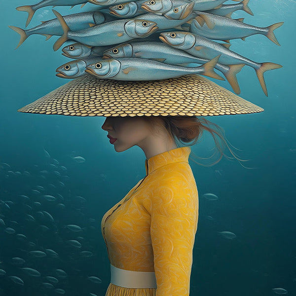Vrouw Gele Jurk Visschool Onderwater Surrealistisch Schilderij