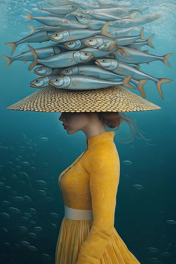 Vrouw Gele Jurk Visschool Onderwater Surrealistisch Schilderij