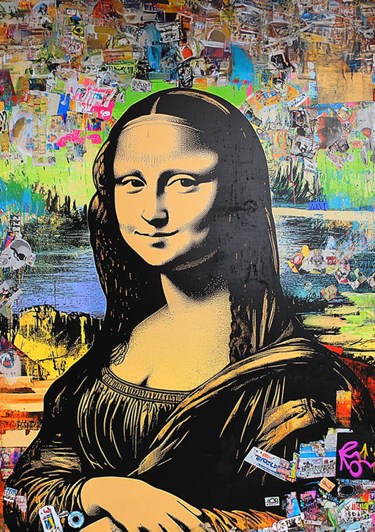 Mona Lisa canvas schilderij in felle popart kleuren met een street art sfeer
