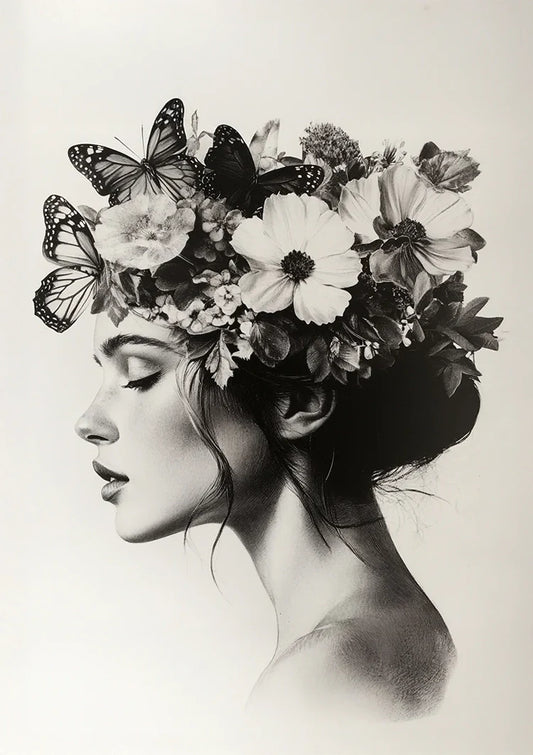 Vrouw met vlinders en bloemen canvas schilderij zwart en wit, botanische stijl