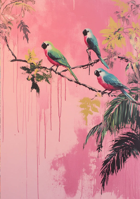 Tropische papegaaien canvas schilderij in roze en groen, met verfdrips