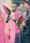 Twee Kolibries Roze Bloemen Abstract Verfdrip Natuur Schilderij