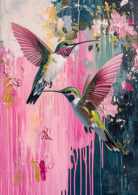 Twee kolibries canvas schilderij bij roze bloemen, abstracte verfdrips in teal en goud