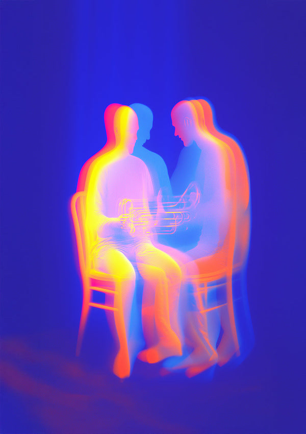 Two Glowing Silhouettes Neon Colors Abstract Dark Blue Painting