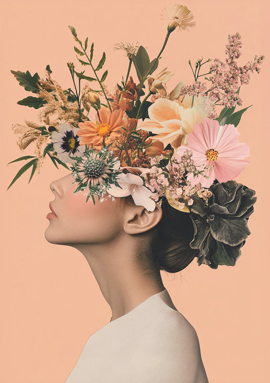 Vrouw met bloemen canvas schilderij in geel en roze, surrealistische compositie