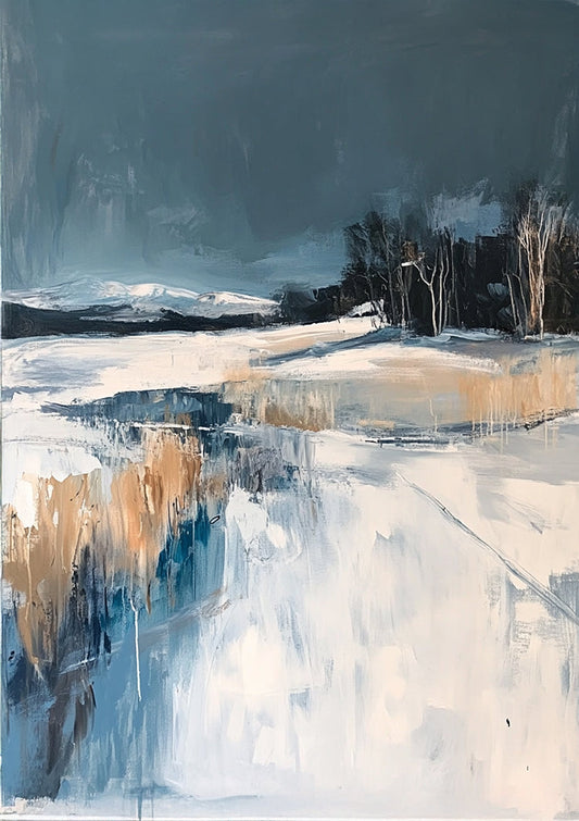 Winter Landscape Snow Dark Blue Expressionist Painting