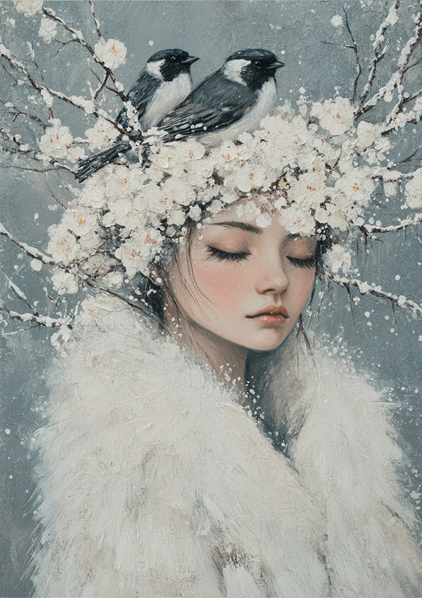 Sneeuwkoningin met Vogels Witte Bloemen Etherisch Portret Schilderij