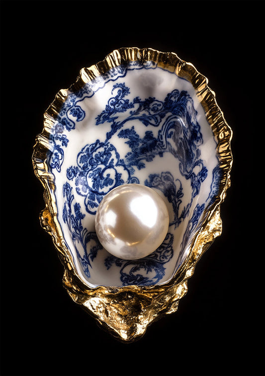 Oester met parel canvas schilderij in Delfts blauw met een gouden rand