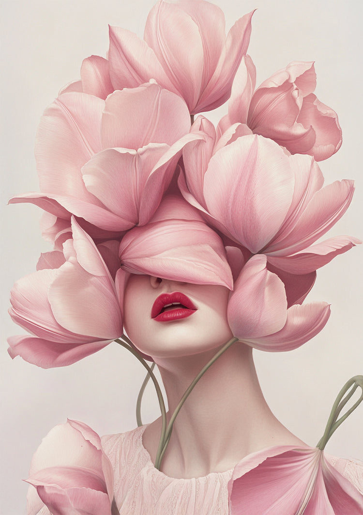 Woman with Pink Tulips Soft Floral Elegant Portrait Painting