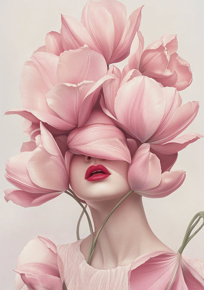 Woman with Pink Tulips Soft Floral Elegant Portrait Painting