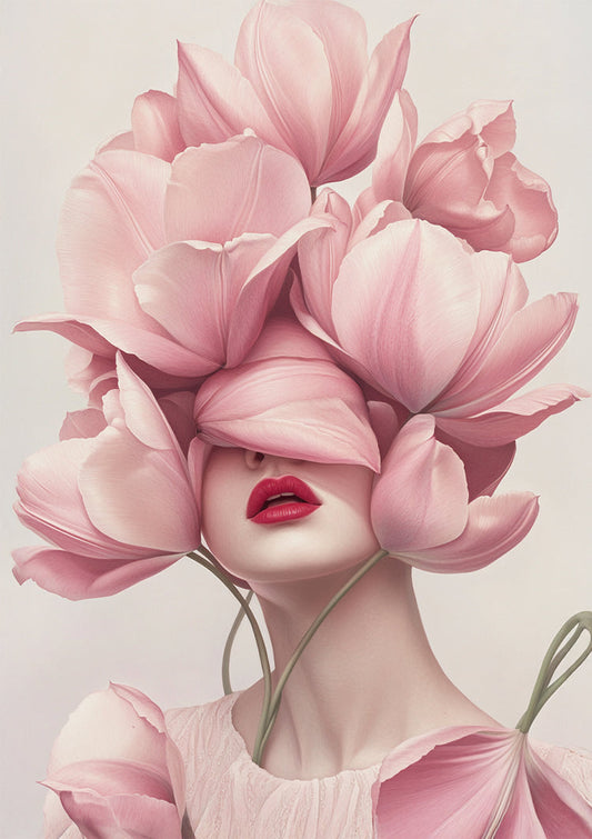 Vrouw omringd door roze tulpen canvas schilderij, dromerige romantische stijl